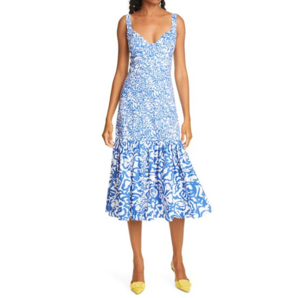 Tanya Taylor Blue and White Midi Dress